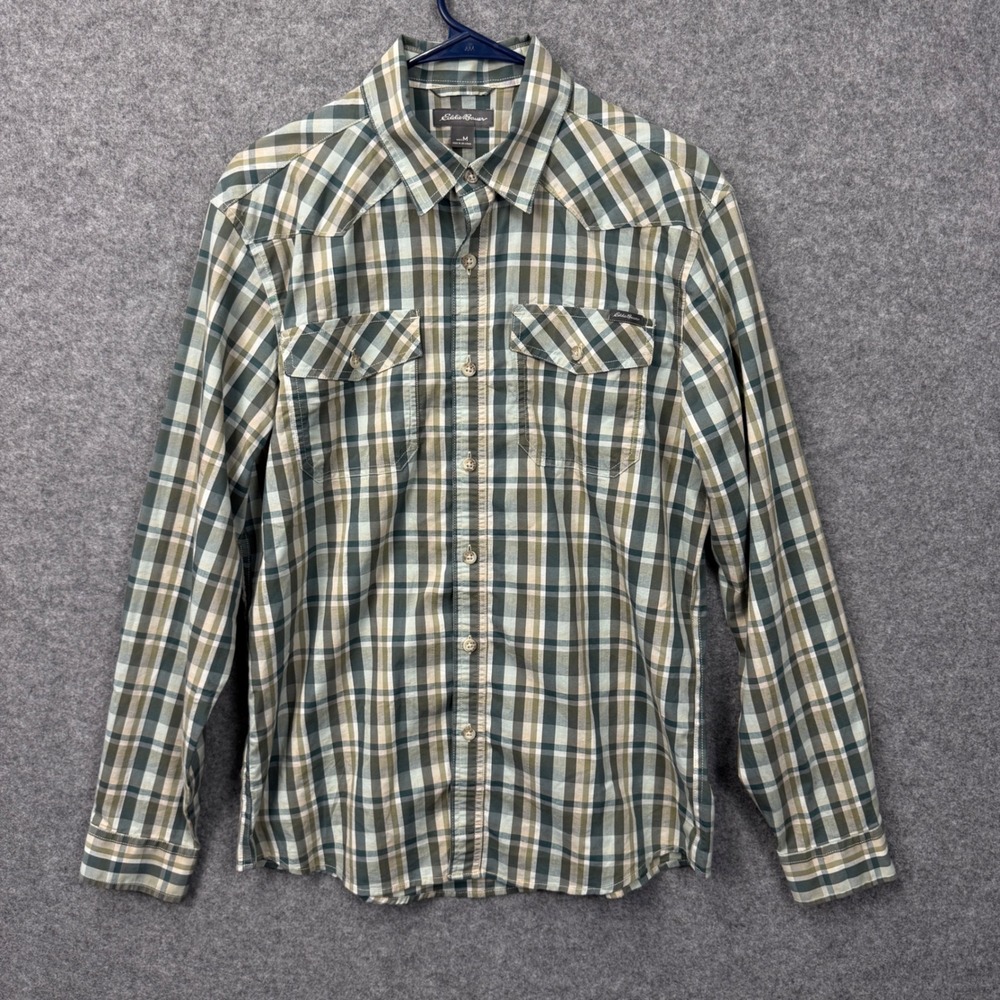 Eddie Bauer Mens Green Plaid Western Long Sleeve Button Down Shirt M Stretch
